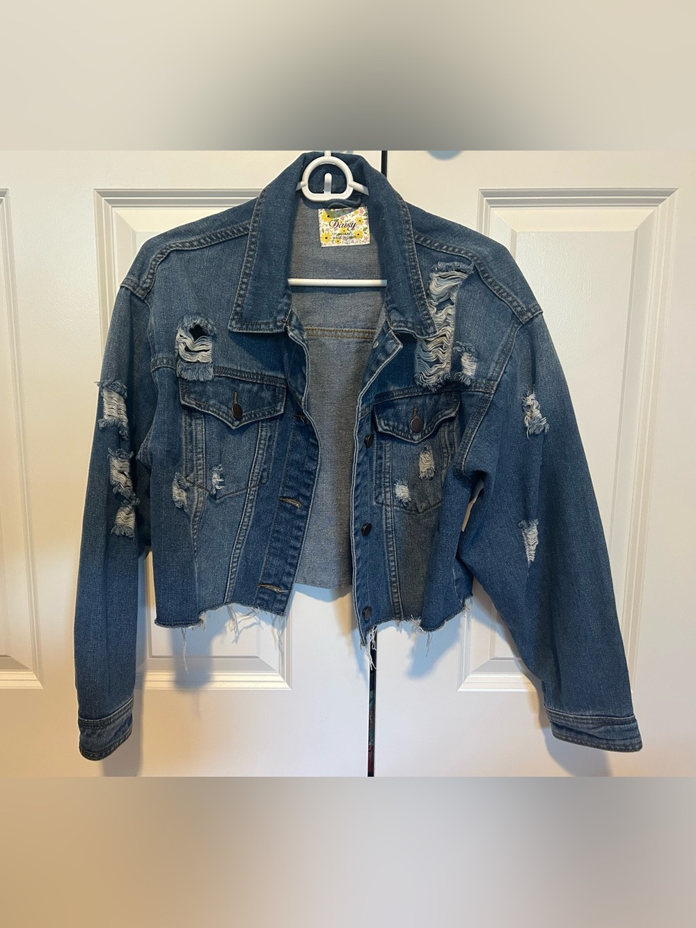 Daisy Distressed Cropped Denim Jacket - Blue